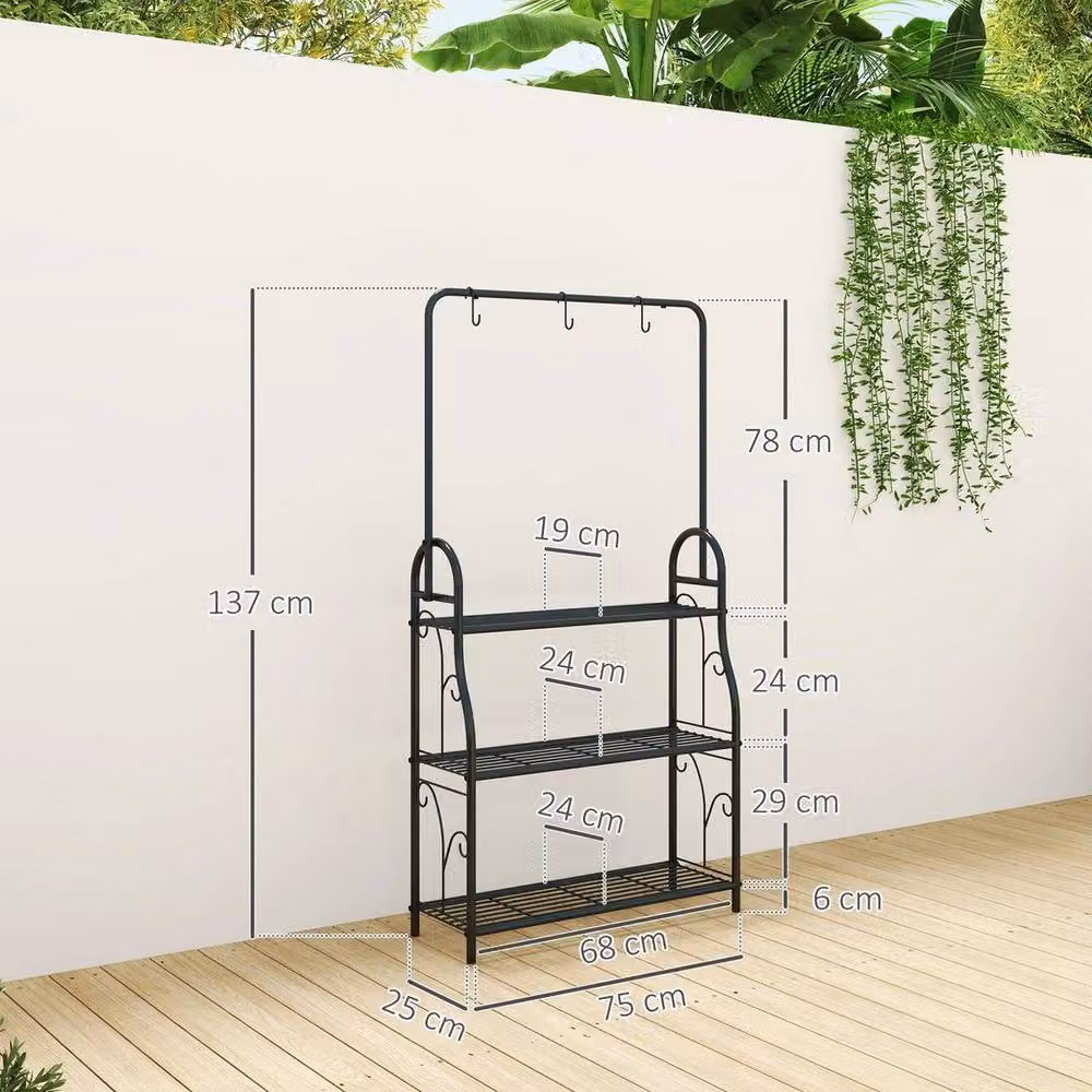 Kelvenix 3 Tier Metal Plant Stand with Hanging Rod in Matt Black, H 137.0 cm x W 75.0 cm x D 25.0 cm – 2