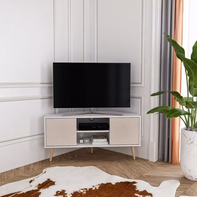 Decorotika Minimalist Lesson Corner TV Unit in White and Beige