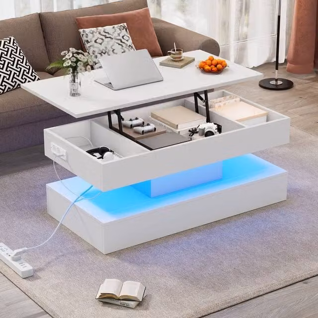 Merax White Glossy Lift Top LED Coffee Table with Charging Station
