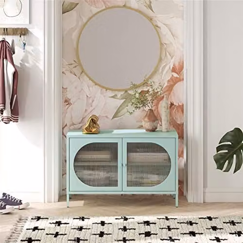 Dorel Home Luna Wide Metal Cabinet in Blue with Glass Doors, W/D/H: 100 x 40 x 64 cm