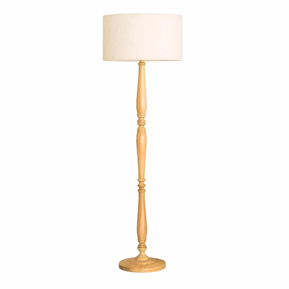 ValueLights Victoria Wood Floor Lamp with Beige Boucle Drum Shade – 2