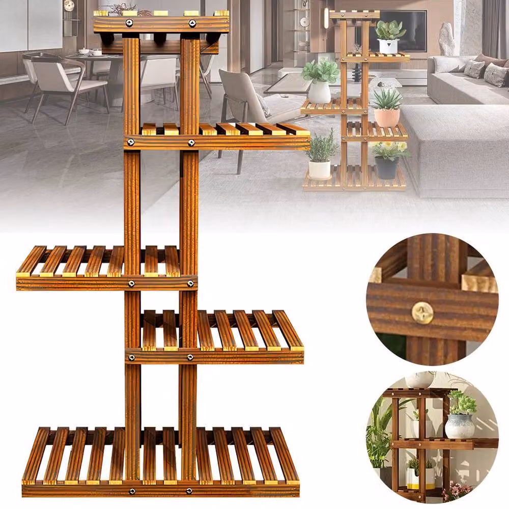 KORVIXA 5 Tier Rustic Brown Wooden Plant Shelf Rack and Flower Pot Holder – 3