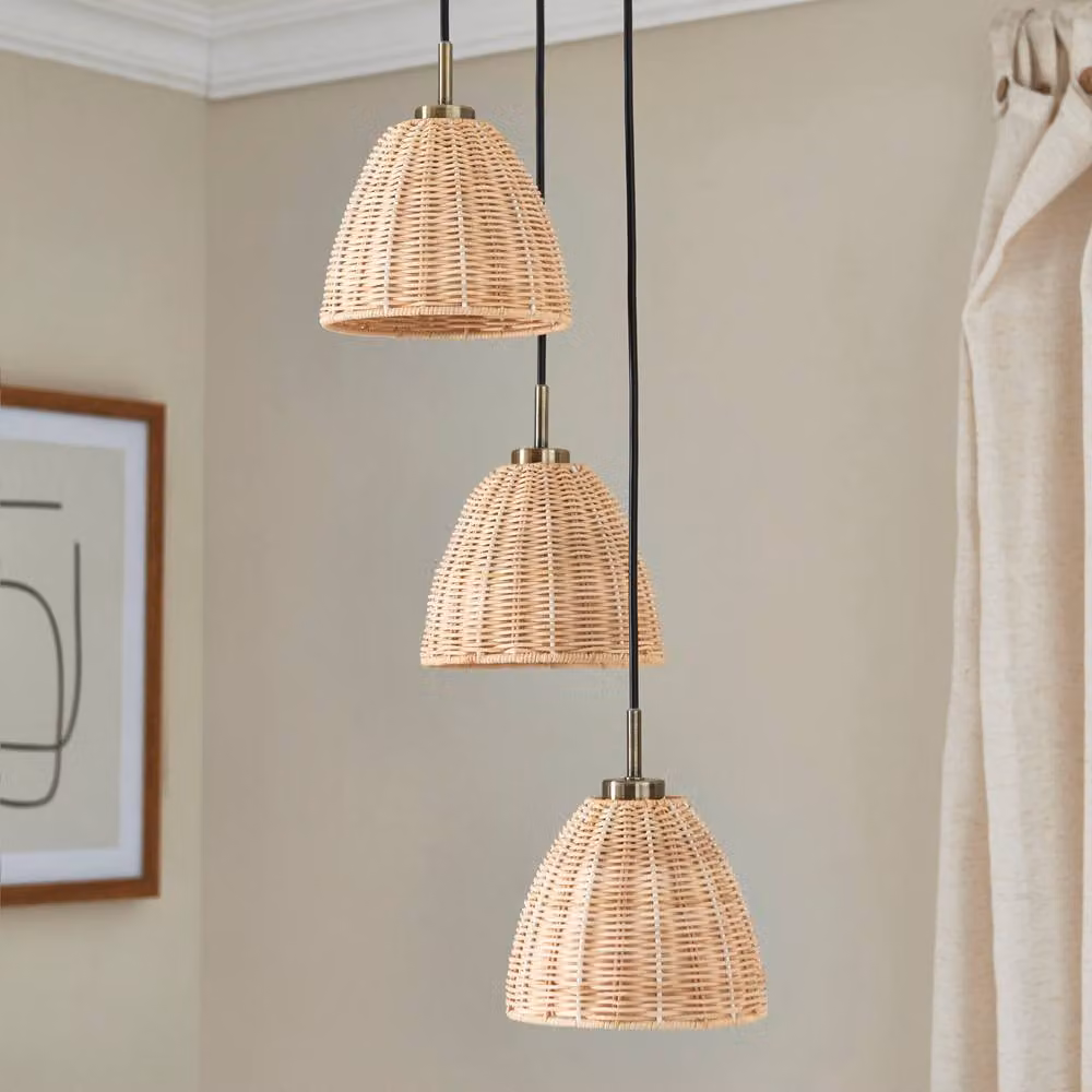 First Choice Lighting Celie 3 Light Cluster Pendant in Bronze with Rattan and Brass Details – 2