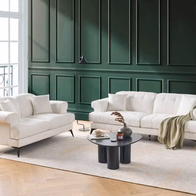 Wyld and Coco White Boucle Sofa Set with 2 Seater and 3 Seater Sofas and Adjustable Headrests