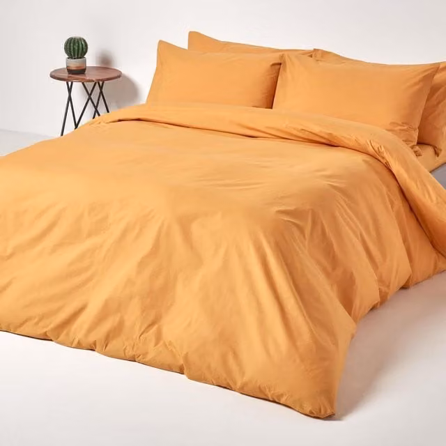 Homescapes Yellow Combed Cotton Percale Duvet Cover and Pillowcase Set, W: 140 cm, H: 200 cm
