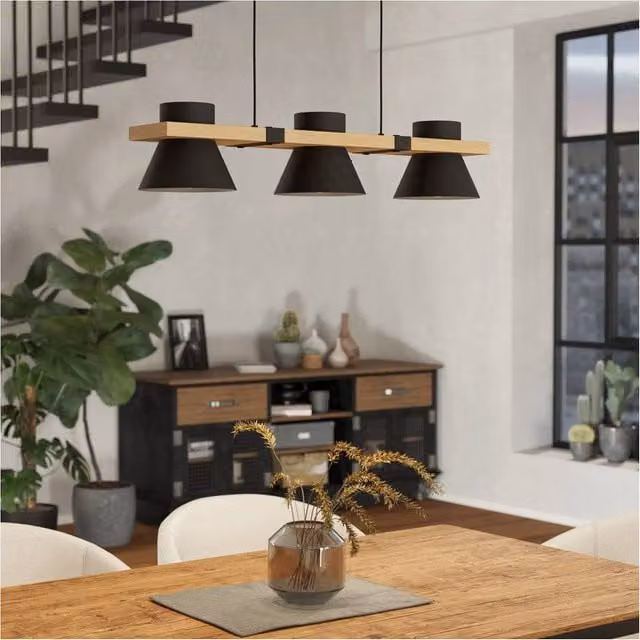 Loops Modern Triple Pendant Ceiling Light in Black and Brown with Wood and Metal Details – 1
