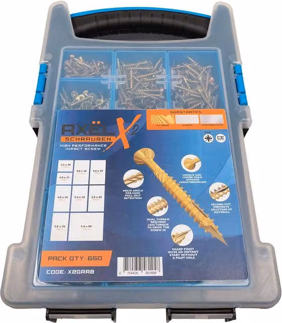 Snowdon Timber Axel High Performance Impact Assorted Screw Set, 650pcs, Yellow Galvanised Pozidriv Self-Drilling and Self-Countersinking Wood Screws