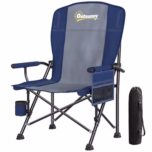 Outsunny Padded Camping Chair for Adults in Blue with Armrests and Cup Holders – 1