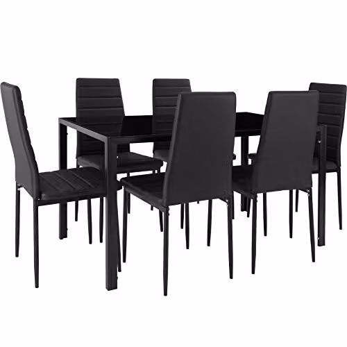 tectake Modern Dining Table Set with 6 Black Faux Leather Chairs and Glass Top – 4