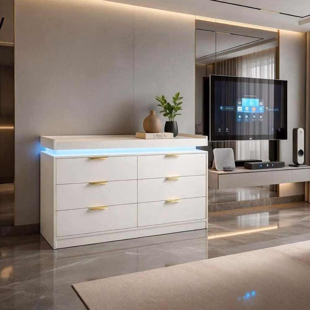 Harmin Luxury White and Gold 6-Drawer Chest with Integrated LED Lighting, W: 116 cm, D: 40 cm, H: 80 cm – 2