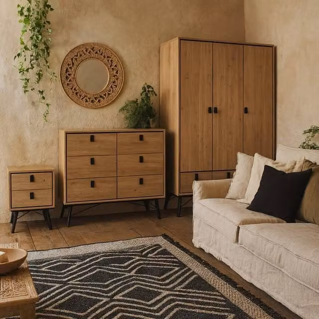 Wyld Haus Juno Oak Bedroom Set with 3 Door Wardrobe and 3 Drawers in Brown and Beige – 1