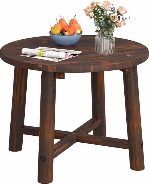 Costway Round Outdoor Side Table with Solid Wood Structure in Brown