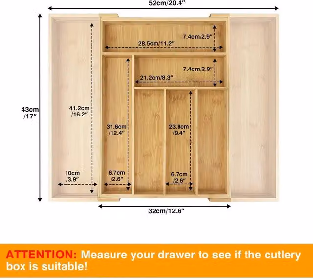 FLAVORA Expandable Bamboo Cutlery Drawer Tray in Natural Wood, W/D/H: 32 x 43 x 43 cm to 52 x 43 x 43 cm