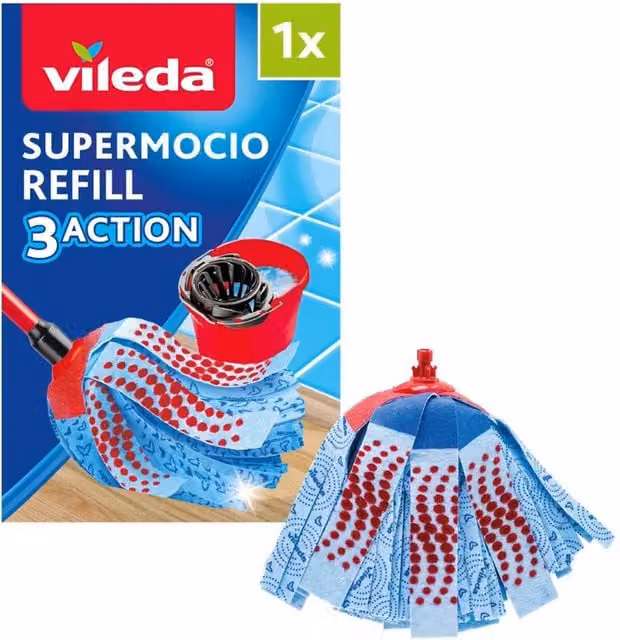 Vileda SuperMocio 3Action XL Mop Refill, Red and Multicolour
