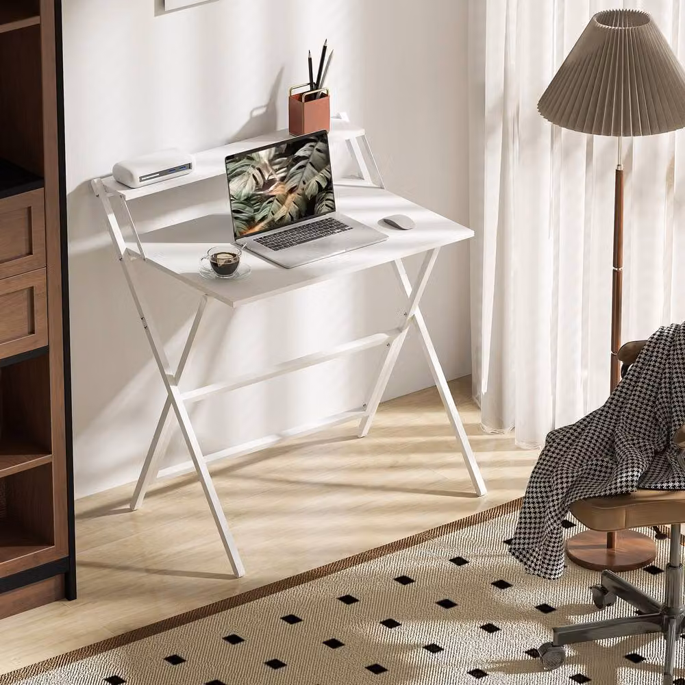 Rolipo White Folding Computer Desk with Monitor Shelf – 3