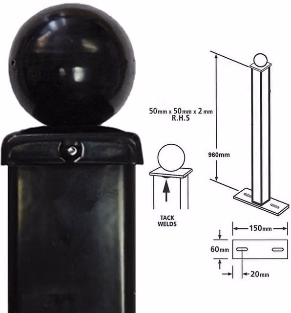 Burbage Iron Craft Square Ball Top Bolt-Down Blank Post in Black Steel, W: 5 cm, D: 5 cm, H: 96 cm – 1