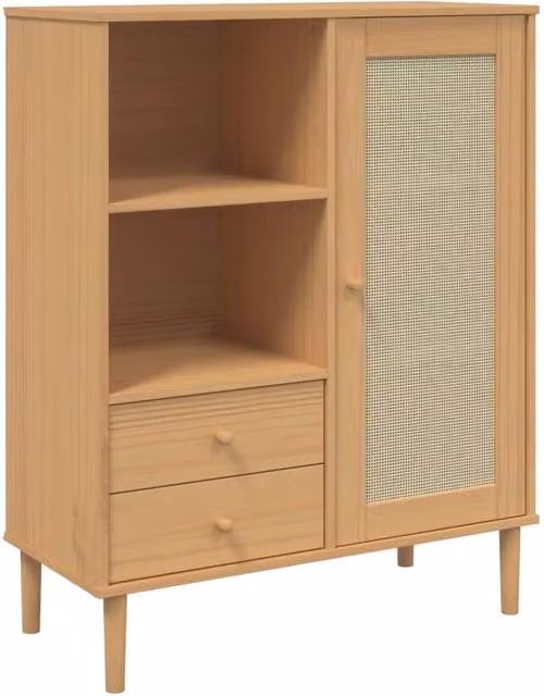 Berkfield Home SENJA Highboard in Brown Rattan Look, Solid Pine Wood, W/D/H: 90 x 40 x 112 cm