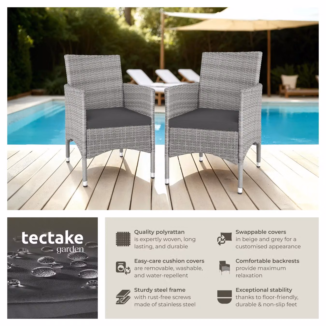 tectake Nantes Set of 2 Modern Polyrattan Garden Chairs with Cushions and Weather Covers in Grey, Beige and Black – 3