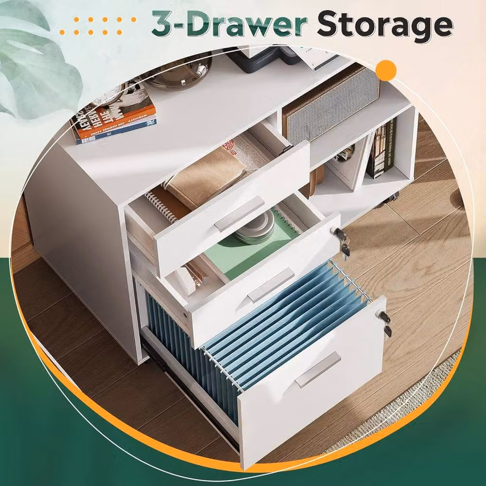 Rolipo 3 Drawer Mobile File Cabinet in White with Lock and Castors – 3