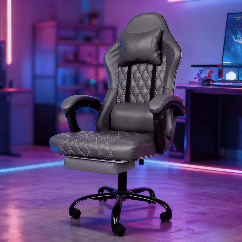 Levede Ergonomic Gaming Chair in Grey with Headrest, Adjustable Lumbar Support and Footrest – 2