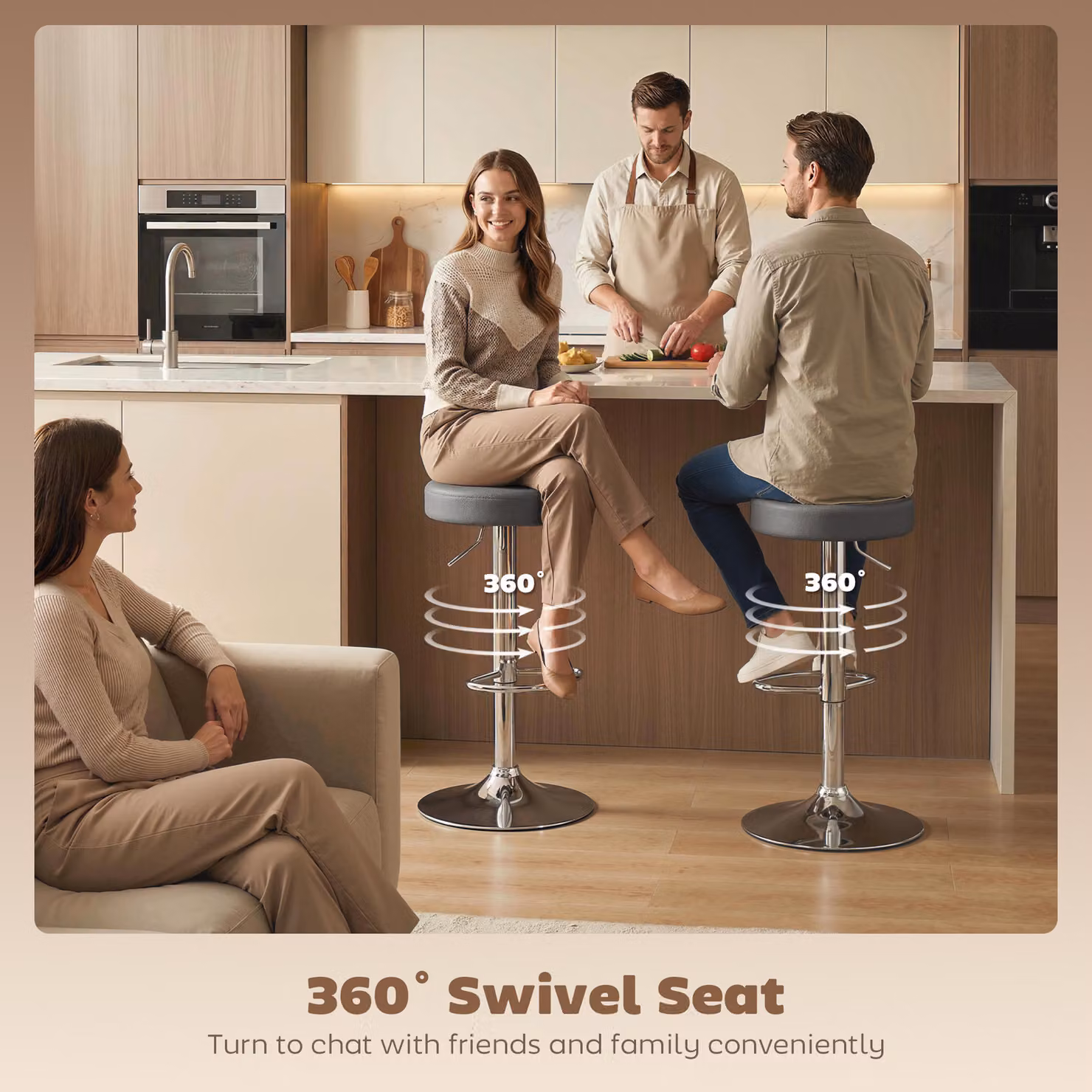 HOMCOM Set of 2 Modern Grey PU Leather Swivel Bar Stools with Height Adjustable Metal Frame and Footrest – 4