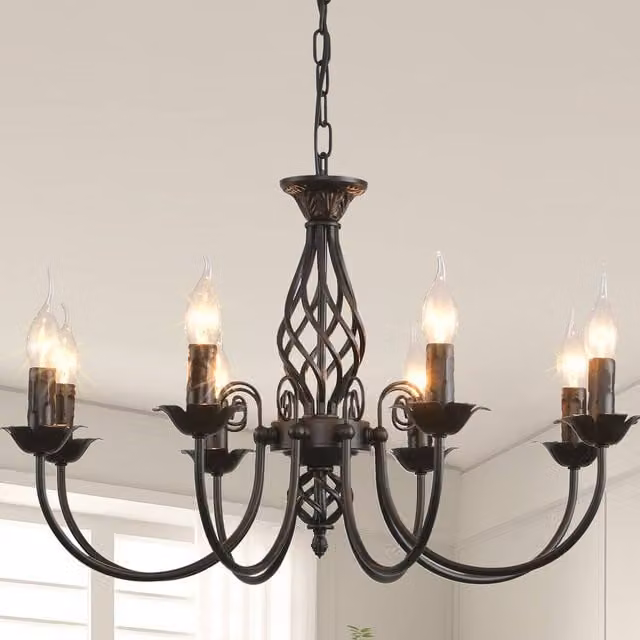 NIVOR 8-Light Rustic Chandelier, Adjustable Vintage Pendant Light in Black