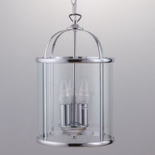 First Choice Lighting Polished Chrome 3 Light Lantern Style Pendant with Transparent Glass in Silver