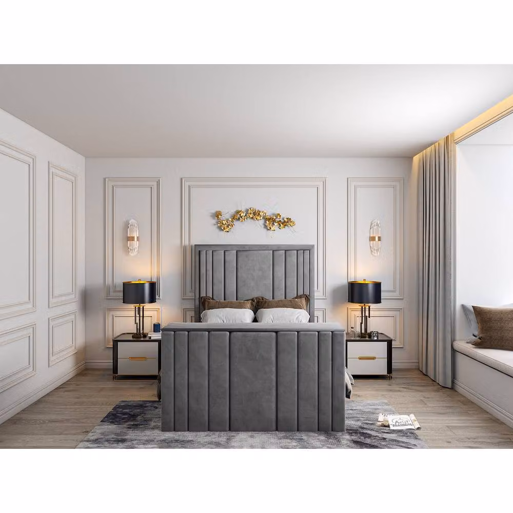 KDMD Atom Bespoke Double Upholstered Velvet Bed Frame with Lift Up Base in Grey, W/D/H: 140 x 200 cm – 2