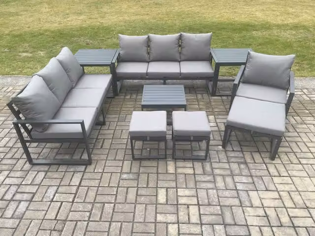 Fimous Aluminium Outdoor Lounge Sofa Set in Dark Grey with Coffee Table, 3 Footstools and 2 Side Tables