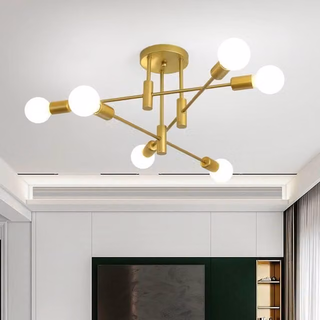 NIVOR 6-Light Industrial Mid Century Flush Mount Ceiling Chandelier in Gold/Brass with E27 Base – 1