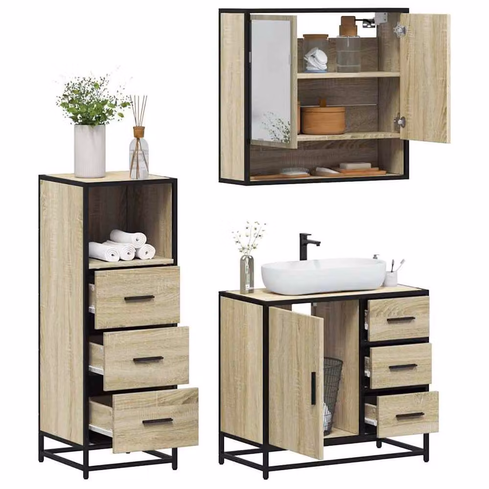 Berkfield Home 3 Piece Industrial Bathroom Furniture Set in Brown Sonoma Oak – 2