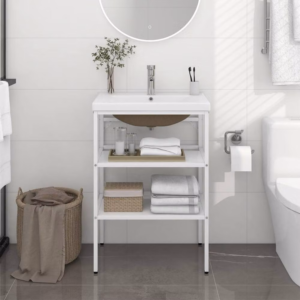 Berkfield Home Modern White Iron Bathroom Washbasin Frame with Ceramic Basin – 2