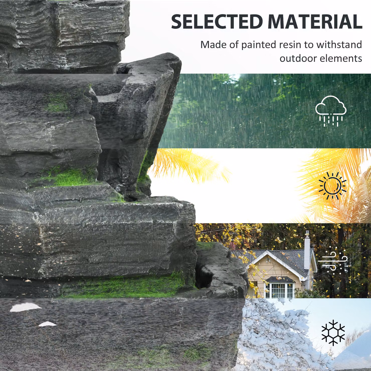 Outsunny Solar-Powered Garden Water Fountain with LED Lights, Stone Rock Tower Cascade in Dark Grey – 7