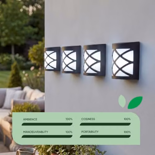 Gardenwize Pack of 4 Solar Powered LED Deck Fence and Wall Lights in Black with Warm White Light and IP65 Waterproof Rating – 7