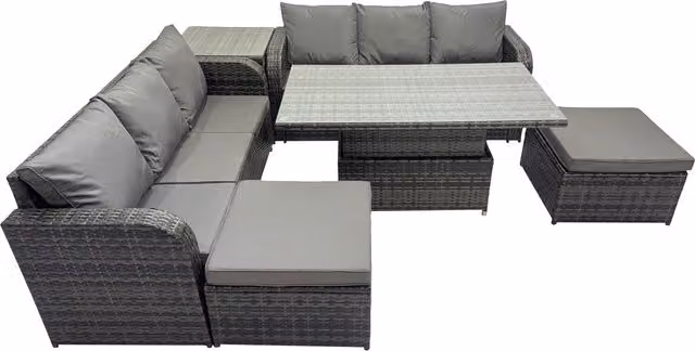 Fimous 8-Seater PE Rattan Garden Sofa Set with Adjustable Rising Table, Side Table and 2 Footstools in Dark Grey Mixed