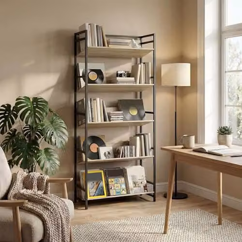 HOMCOM 5-Tier Industrial Bookshelf with Media Compartments in Brown and Black, H 174 x W 80 x D 35 cm – 6