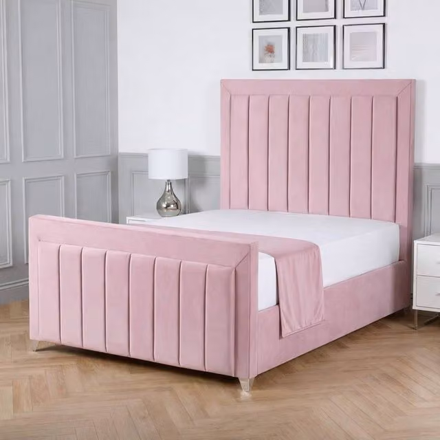 Living Comfort Bedz Elara Plush Velvet Upholstered Bed with Slatted Base and 48 Inch Headboard in Pink, Size: Small Double (W: 120 cm, D: 200 cm)
