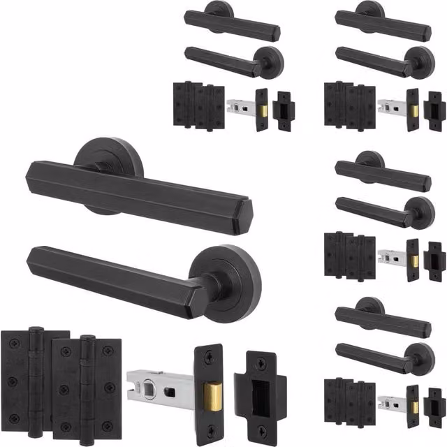AFIT Matt Black Aluminium Door Handle Latch and Hinge Set, 5 Pack, 150 x 150 mm – 1