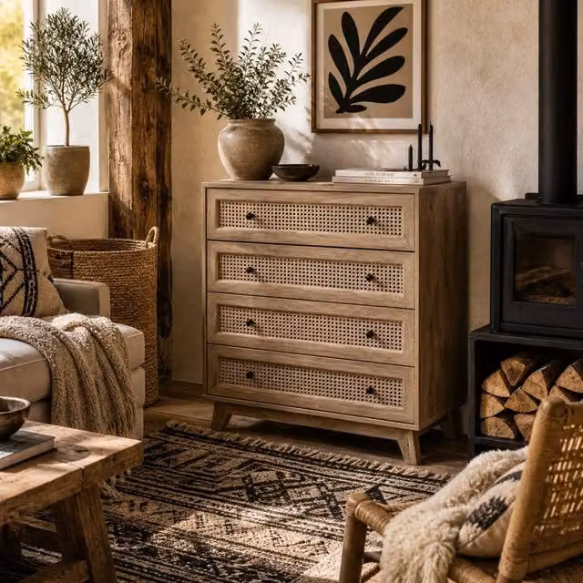 Wyld Haus Mohetak 4 Drawer Wood Effect Chest with Rattan Panels in Natural and Beige, W/D/H: 95 x 35 x 80 cm – 1