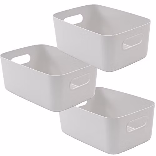 Tanness Set of 3 Stackable Plastic Storage Baskets with Handles, Grey