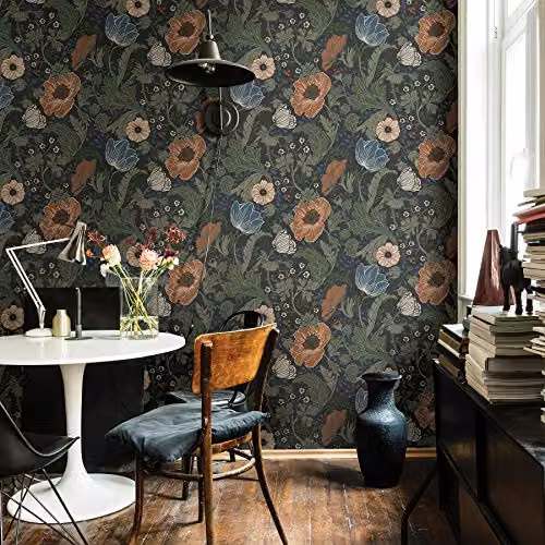 A-Street Prints Apelviken Anemone Floral Vines Art Nouveau Wallpaper in Black and Orange – 2