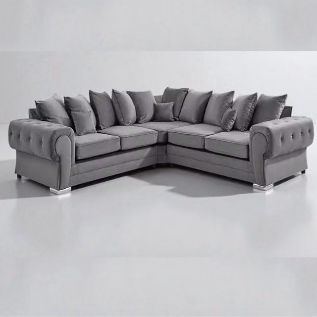 Snug Furniture Birmingham Ltd Verona Grey Plush Velvet 2C2 Right-Facing Corner Sofa with Scatter Cushions