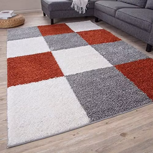 THE RUGS Modern Checked Shaggy Area Rug in Grey and Multicolour, W/D/H: 160 x 230 cm