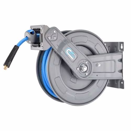 SwitZer Heavy Duty Retractable Air Hose Reel with 20m Hybrid Polymer Hose, Grey, Wall Mounted Steel Construction