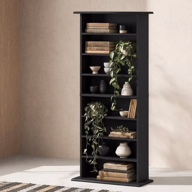 Wyld Haus Kael Black CD Storage Unit with 8 Media Compartments and Adjustable Shelves, H 126.3 cm x W 58 cm x D 24 cm – 1