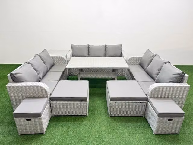 Fimous 10 Seater PE Rattan Lounge Sofa Set with Metal and Glass in Light Grey