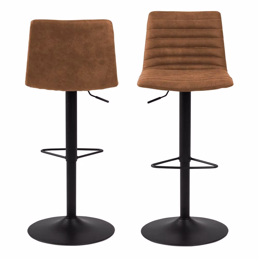 Wyld Haus Aalborg Set of 2 Adjustable Swivel Bar Stools in Camel Brown Microfibre with Black Metal Legs – 2