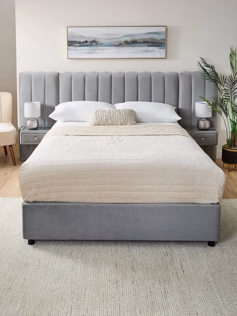 Amaya Grey Velvet Upholstered Double Bed Frame with Built-In Side Compartments, W/D/H: 140 x 200 x 240 cm