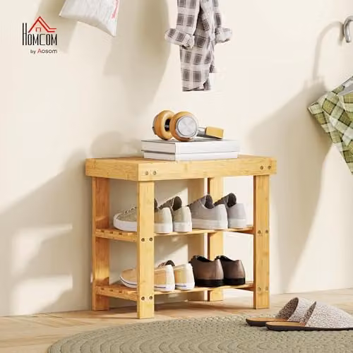 HOMCOM 3-Tier Bamboo Shoe Storage Bench in Brown – 2