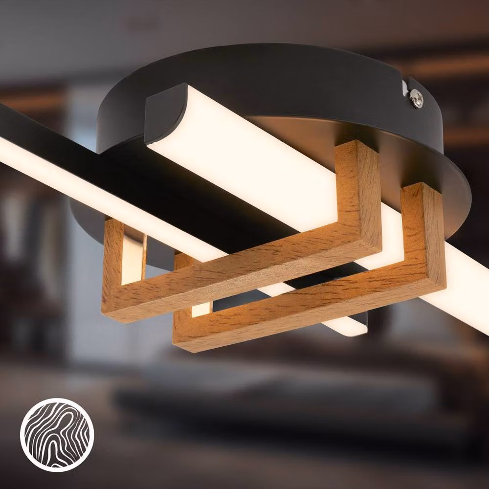 Briloner LED Ceiling Light, Modern Warm White Linear Flush Lamp in Black and Wood, 19W, 2000lm – 3